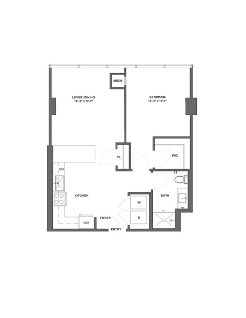 Floor plan for 1 bed, 1 bath, 717 sqft
