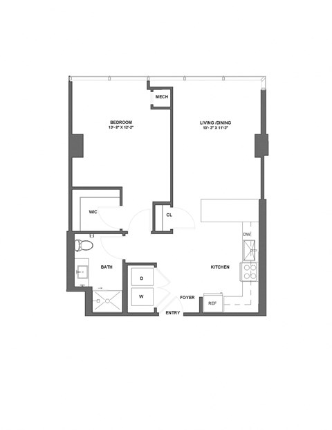 Floor plan for 1 bed, 1 bath, 758 sqft