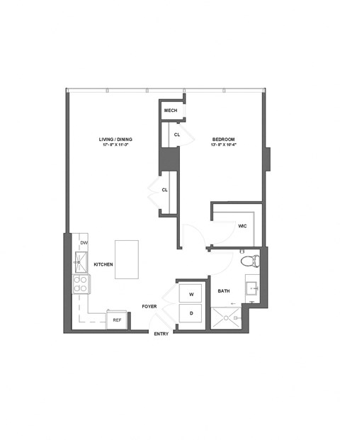 Floor plan for 1 bed, 1 bath, 758 sqft