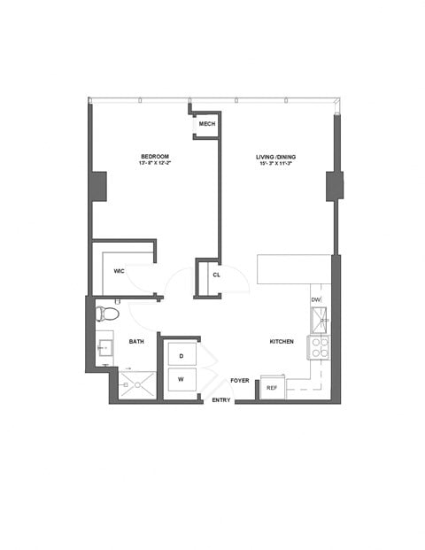 Floor plan for 1 bed, 1 bath, 758 sqft