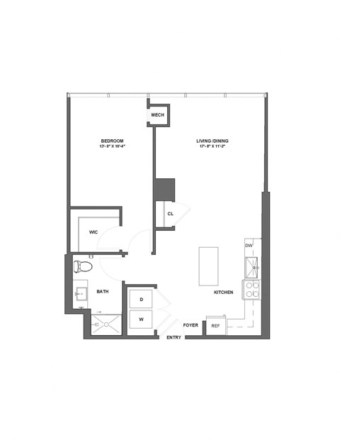 Floor plan for 1 bed, 1 bath, 758 sqft