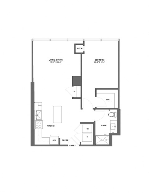 Floor plan for 1 bed, 1 bath, 758 sqft