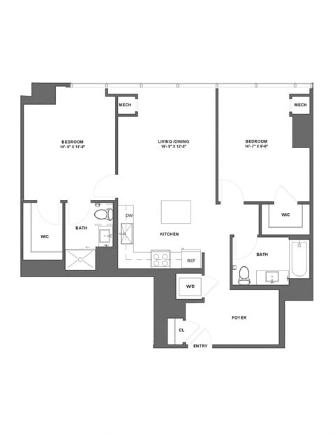 Floor plan for 2 beds, 2 baths, 1039 sqft