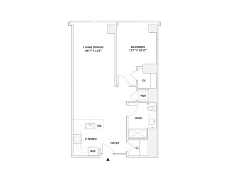 Floor plan for 1 bed, 1 bath, 851 sqft