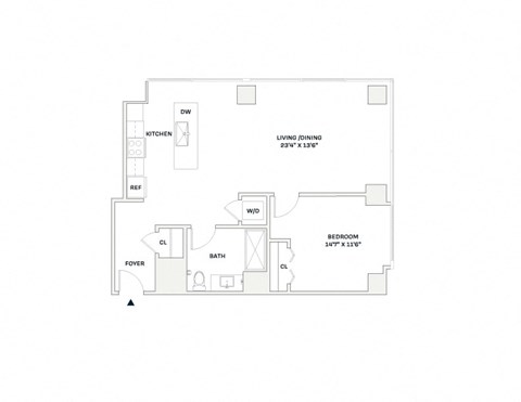 Floor plan for 1 bed, 1 bath, 855 sqft