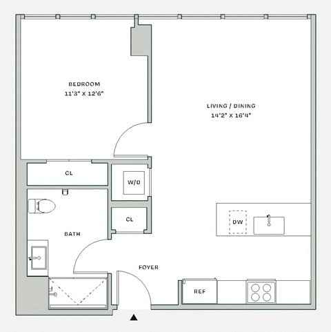 Floor plan for 1 bed, 1 bath, 653 sqft