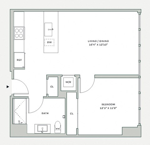 Floor plan for 1 bed, 1 bath, 656 sqft
