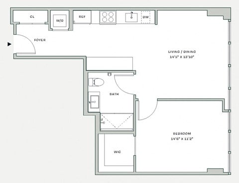 Floor plan for 1 bed, 1 bath, 659 sqft
