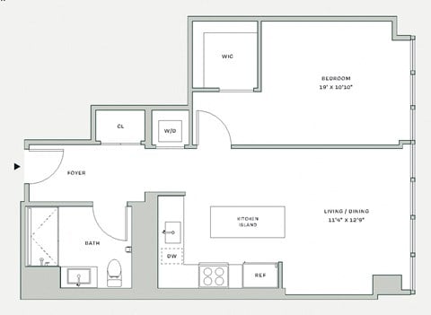 Floor plan for 1 bed, 1 bath, 687 sqft