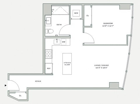 Floor plan for 1 bed, 1 bath, 693 sqft
