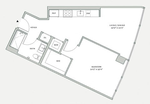 Floor plan for 1 bed, 1 bath, 690 sqft