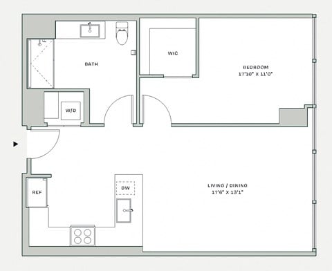 Floor plan for 1 bed, 1 bath, 750 sqft