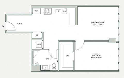 Floor plan for 1 bed, 1 bath, 762 sqft