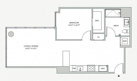 Floor plan for 1 bed, 1 bath, 781 sqft