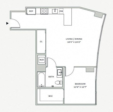 Floor plan for 1 bed, 1 bath, 819 sqft
