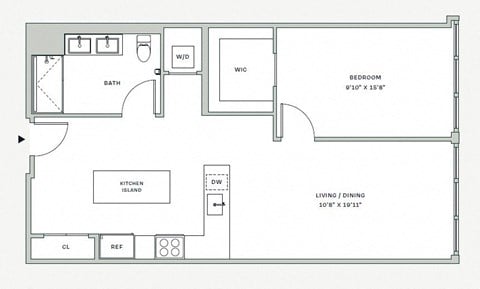 Floor plan for 1 bed, 1 bath, 781 sqft