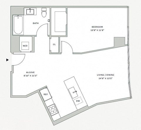 Floor plan for 1 bed, 1 bath, 783 sqft
