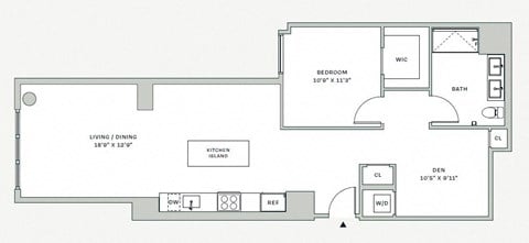 Floor plan for 1 bed, 1 bath, 992 sqft