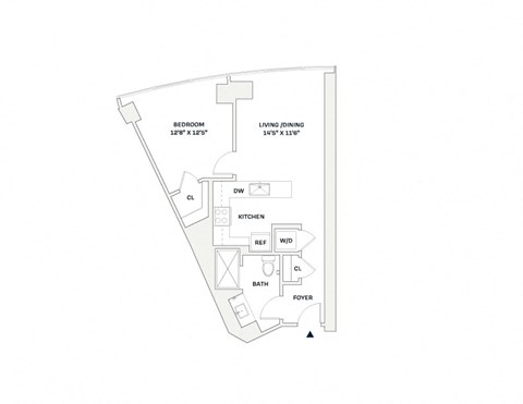 Floor plan for 1 bed, 1 bath, 635 sqft
