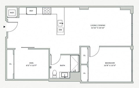 Floor plan for 1 bed, 1 bath, 825 sqft