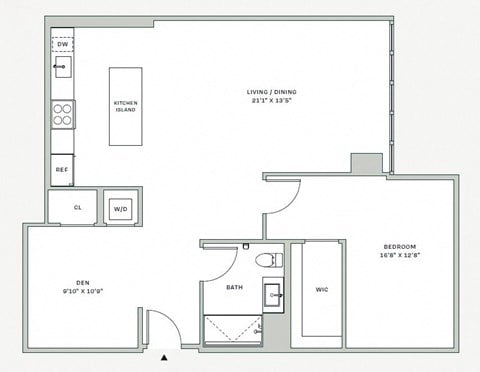 Floor plan for 1 bed, 1 bath, 1021 sqft