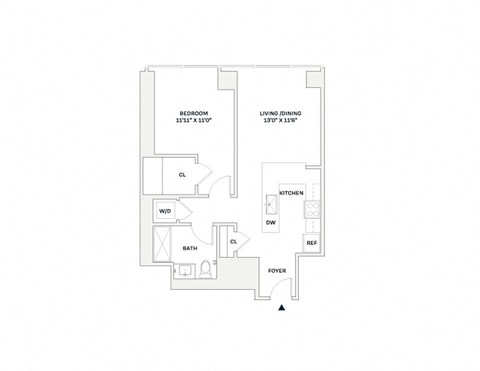 Floor plan for 1 bed, 1 bath, 709 sqft