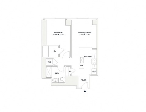 Floor plan for 1 bed, 1 bath, 711 sqft