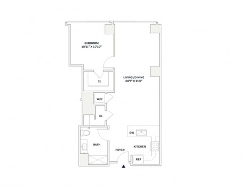 Floor plan for 1 bed, 1 bath, 775 sqft