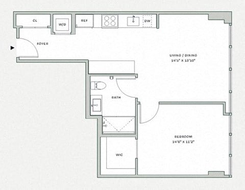 Floor plan for 1 bed, 1 bath, 646 sqft
