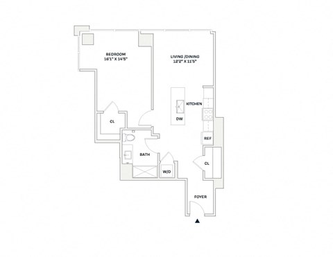 Floor plan for 1 bed, 1 bath, 783 sqft