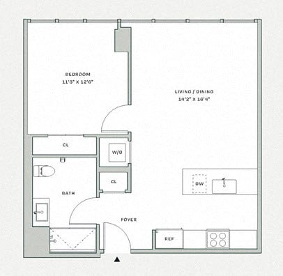 Floor plan for 1 bed, 1 bath, 659 sqft