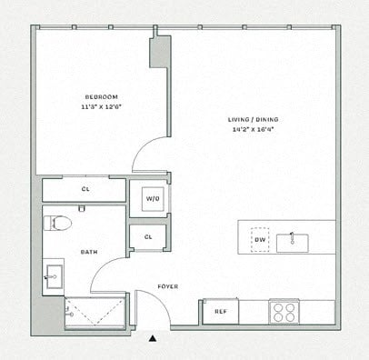 Floor plan for 1 bed, 1 bath, 680 sqft