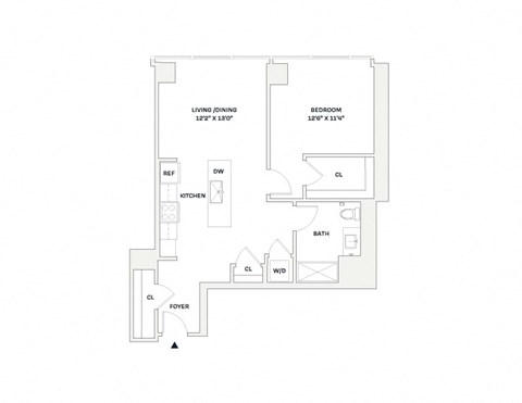 Floor plan for 1 bed, 1 bath, 789 sqft