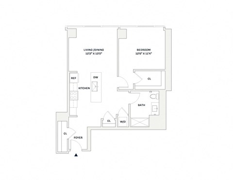 Floor plan for 1 bed, 1 bath, 800 sqft