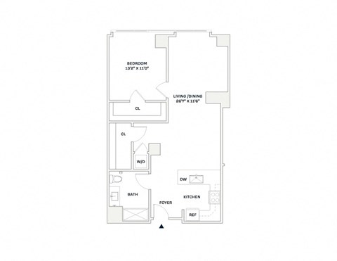 Floor plan for 1 bed, 1 bath, 822 sqft