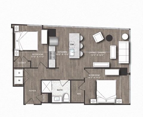 Floor plan for 2 beds, 1 bath, 907 sqft