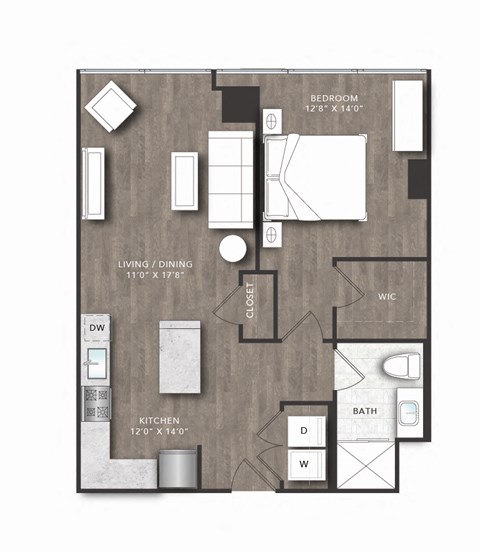 Floor plan for 1 bed, 1 bath, 713 sqft