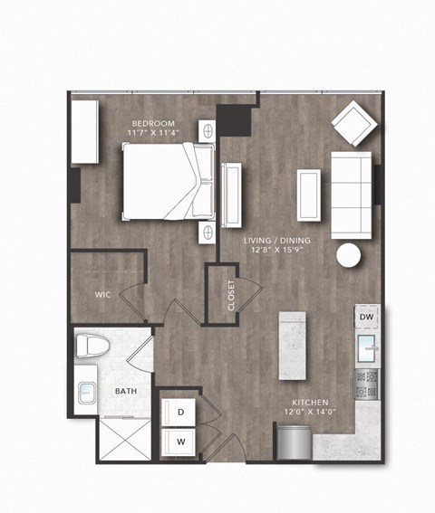 Floor plan for 1 bed, 1 bath, 713 sqft