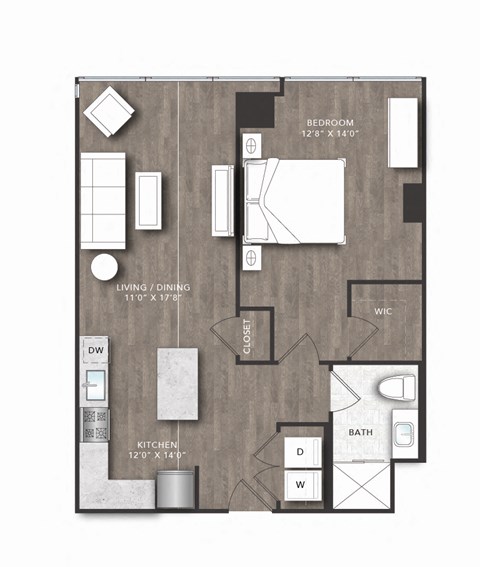 Floor plan for 1 bed, 1 bath, 754 sqft