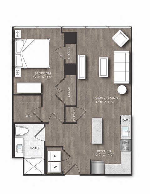 Floor plan for 1 bed, 1 bath, 754 sqft