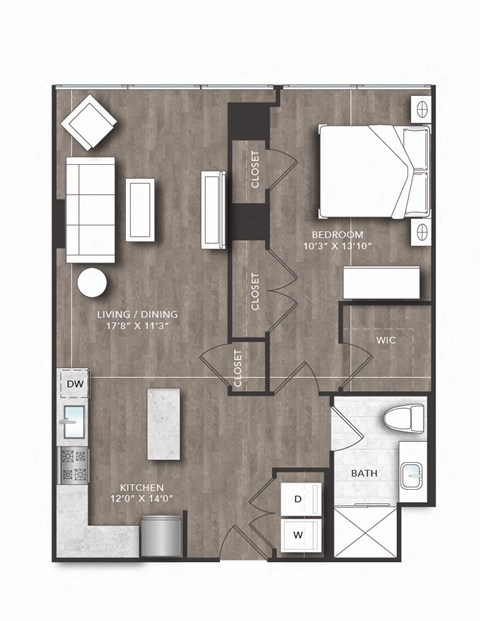 Floor plan for 1 bed, 1 bath, 754 sqft