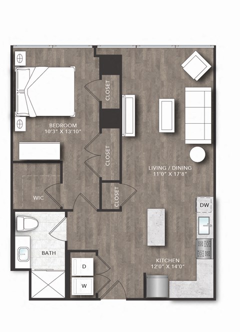 Floor plan for 1 bed, 1 bath, 751 sqft