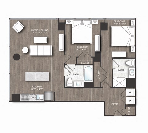 Floor plan for 2 beds, 2 baths, 1114 sqft