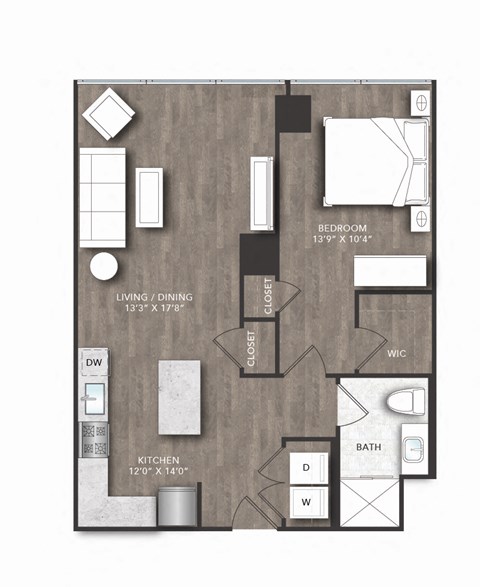 Floor plan for 1 bed, 1 bath, 754 sqft