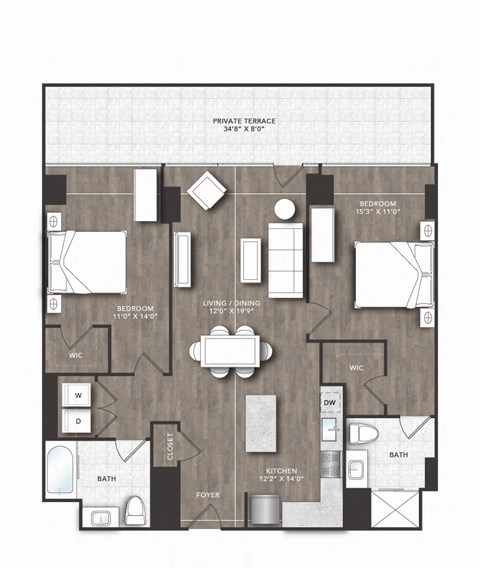 Floor plan for 2 beds, 2 baths, 1135 sqft