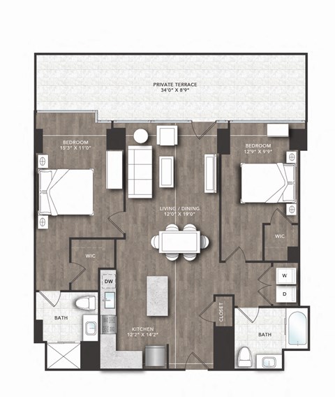 Floor plan for 2 beds, 2 baths, 1108 sqft