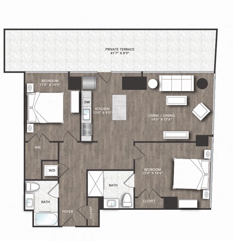 Floor plan for 2 beds, 2 baths, 1119 sqft
