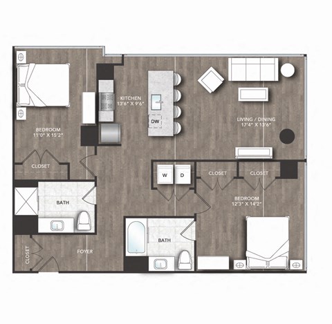 Floor plan for 2 beds, 2 baths, 1156 sqft