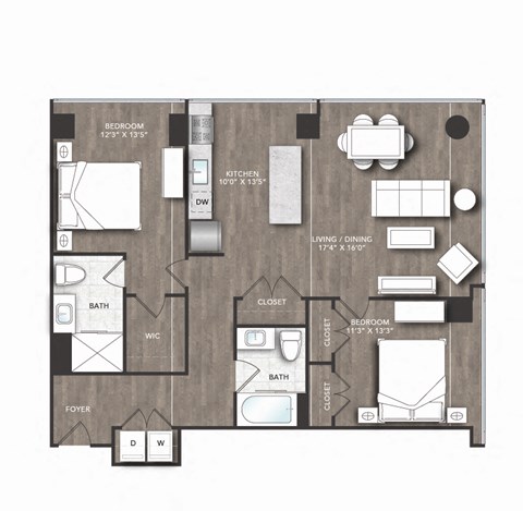 Floor plan for 2 beds, 2 baths, 1193 sqft