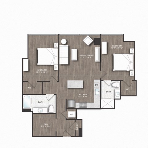Floor plan for 2 beds, 2 baths, 1078 sqft